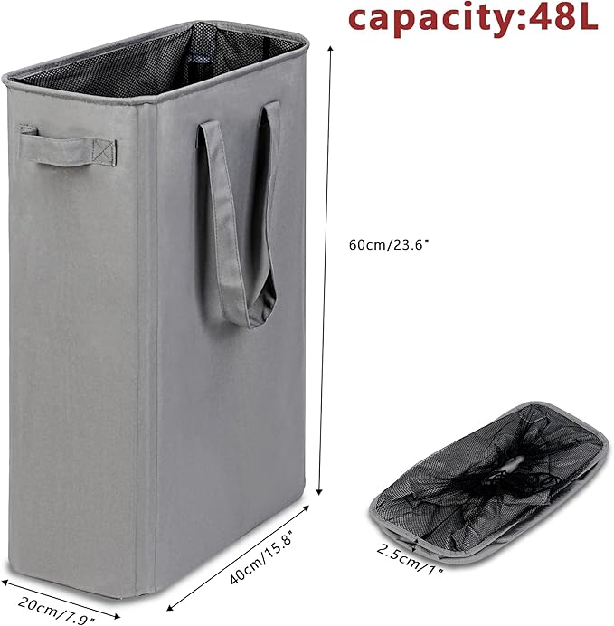 efluky Slim Laundry Basket, Narrow Laundry Hamper with Handles, Collapsible Dirty Clothes Hamper, Tall Laundry Bin for Laundry Room, Dorm and Bedroom, 12.7 Gallons(48L) Grey (Pack of 2)