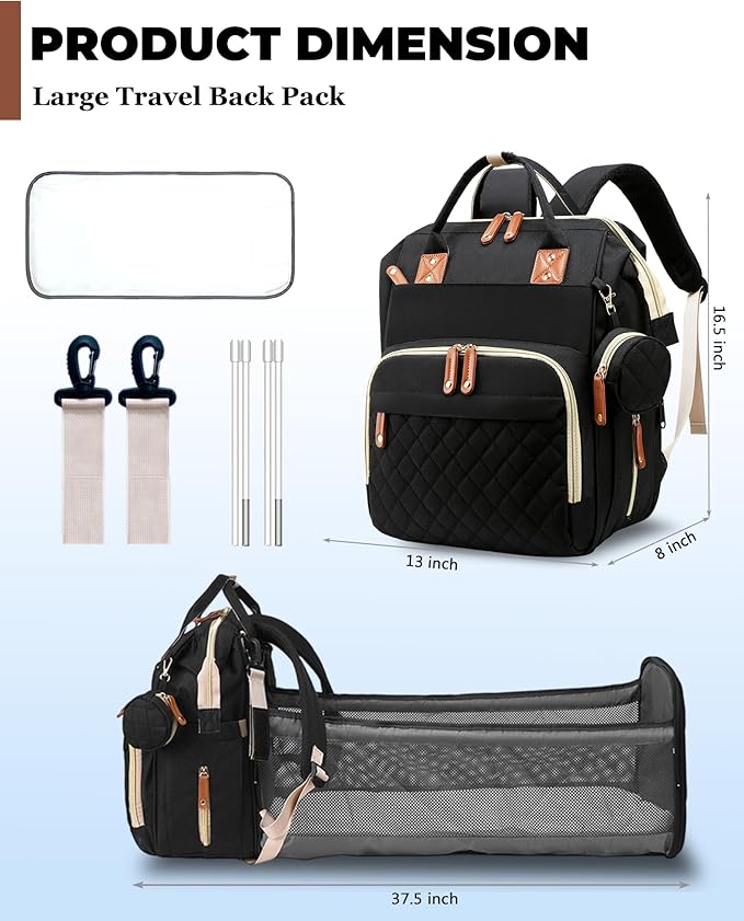 Lamroro Diaper Bag with Changing Station, Waterproof 3 in 1 Baby Diaper Backpack with Foldable Changing Pad, Large Travel Back Pack for Baby Girl Boy, Baby essentials, Black