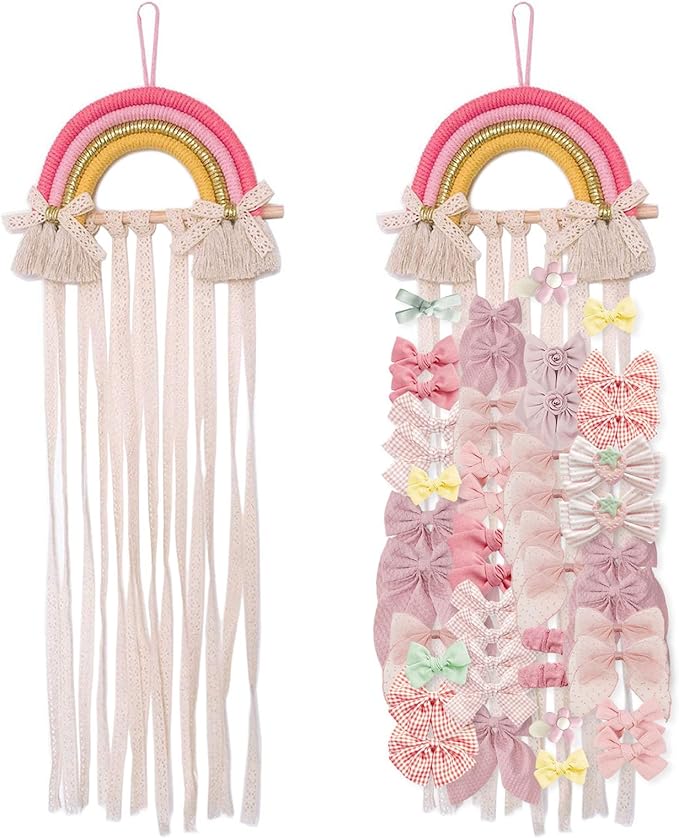 NICROLANDEE Rainbow Tassels Hair Bows Holder Hanging - Baby Hair Accessories Storage Bow Organizer Wall Hanger Decor for Baby Girls Wall Hanging Decor for Girls Room Ornament (Pink Yellow)