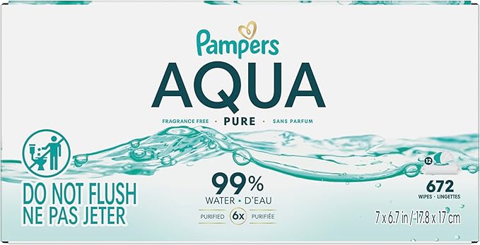 Pampers Aqua Pure Baby Wipes, 99% Water, Fragrance Free, Unscented, Water Based, Multi-Use, 672 Wipes Total (12X Flip-Top Packs) [Packaging May Vary]
