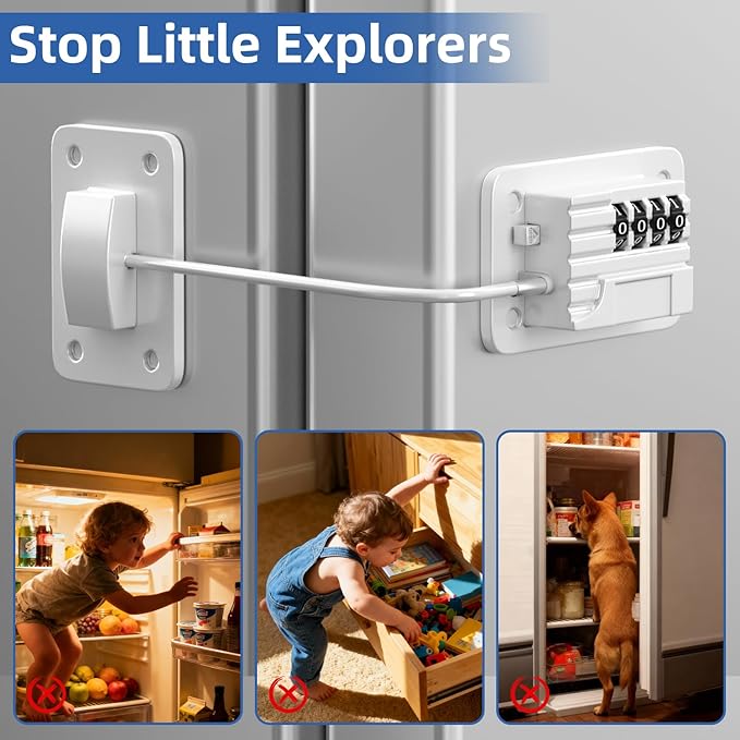 RORMGO Refrigerator Lock, Heavy Duty Fridge Locks for Kids, Freezer Lock with Combination for Refrigerator Drawer Cabinet Safety, Easy to Install No Keys Needed White, 2 Packs