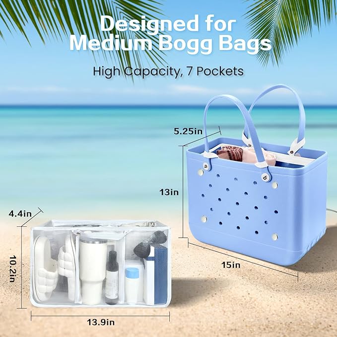XYFuuee Beach Bag Organizer Inserts for Baby Medium Bogg Bag Accessories with 8 Removable Metal Fasteners, Lightweight Mesh Insert Divider Pouch, Organizing Rubber Tote, Save Storage Space, White M