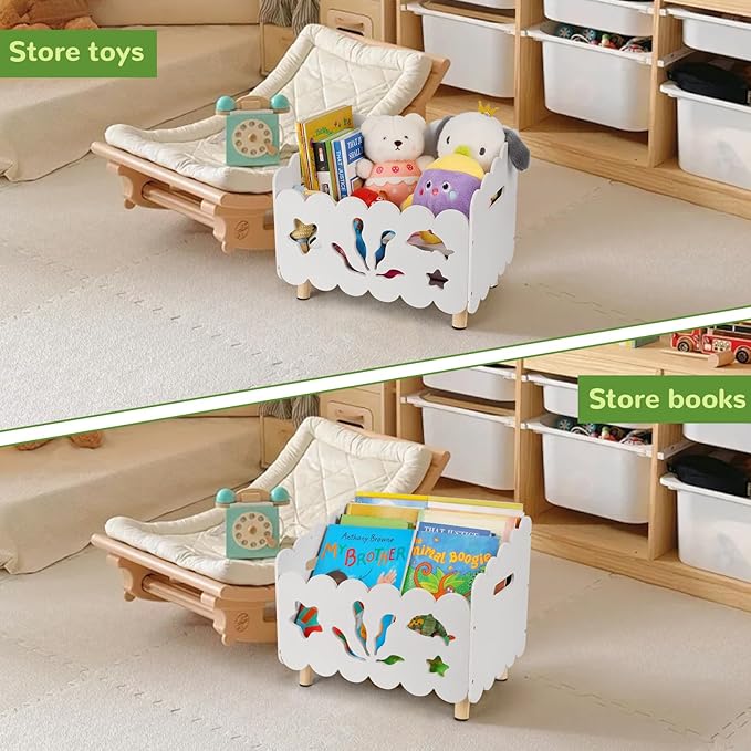 Liitrton Wood Kids Bookshelf for Kids Rooms, Toddler Montessori Bookshelf with 3 Adjustable Dividers, Small Kid Bookcase for Nursery Book Toy Storage (White)