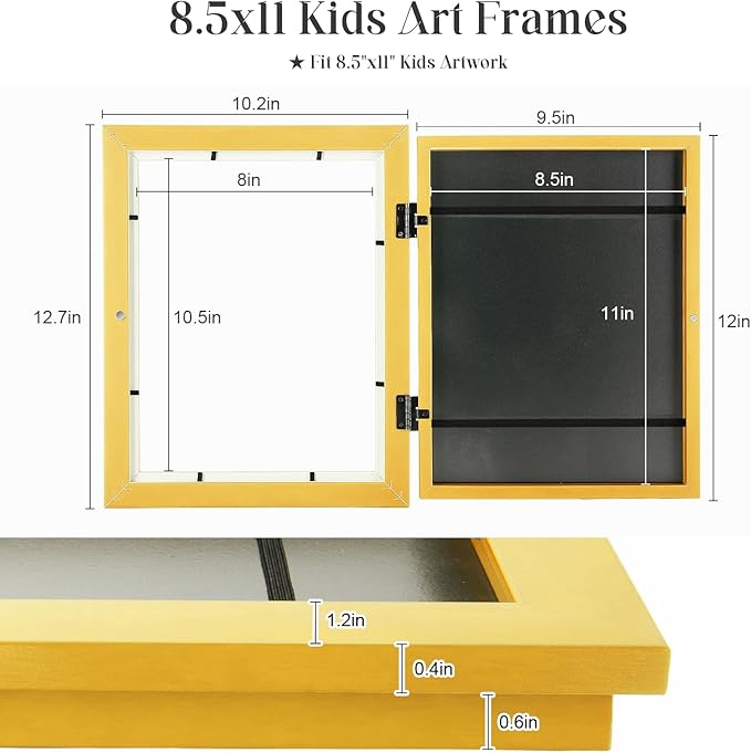 [2-Pack] Kids Art Frames, 8.5x11 Front Opening Kids Artwork Frames Changeable, Milk Yellow Artwork Display Storage Frame for Wall, Holds 50 Pcs, for 3D Picture, Crafts, Children Drawing, Hanging Art,