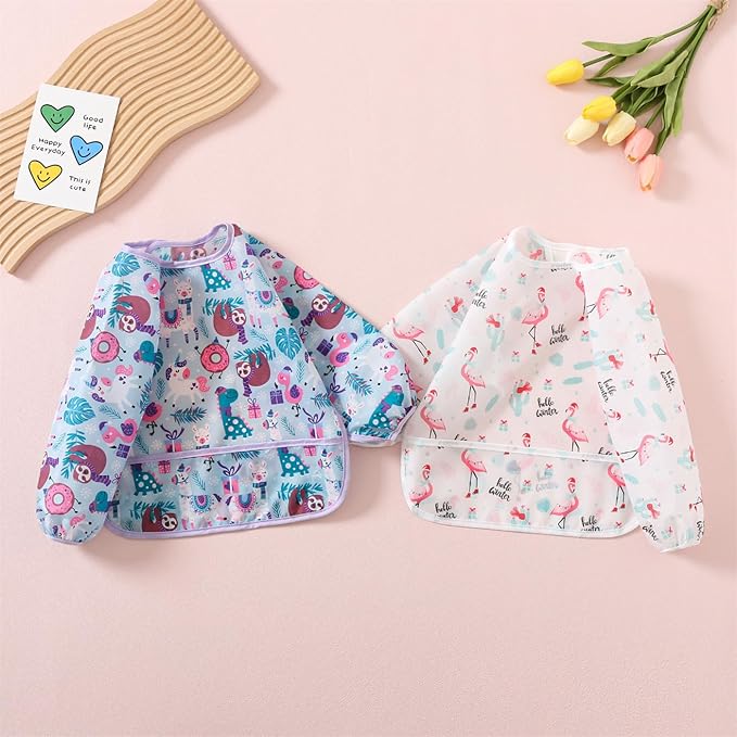 ElecMotive 3 Pack Long Sleeve Bib,Baby Smock for Eating 6-30 Months Reusable Shirt Bibs for Babies Toddler