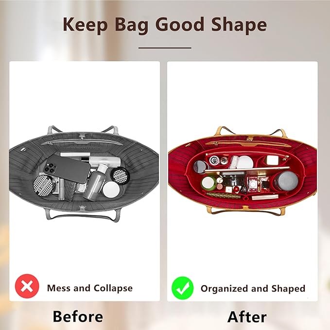 Purse Organizer Insert with Base Shaper,Felt Tote Bag Organizer Insert Compatible with Speedy 30 Neverfull MM,City 33 and More,Bag Inner Shaper for Luxury Bags,Red/L