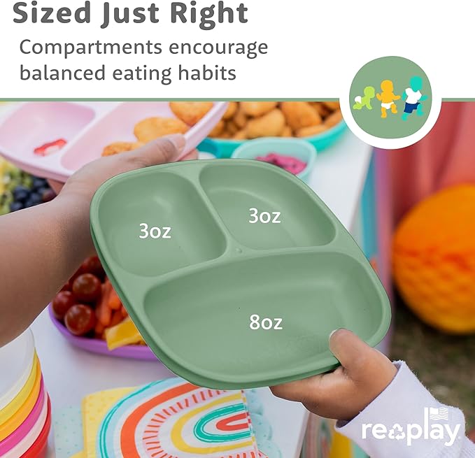 Re-Play Toddler Plates with Dividers - Deep-Walled 3 Compartments Divided Plates for Kids with 3 Lids - Dishwasher & Microwave Safe - Made in USA - Set of 3-7.37" x 7.37" x 1.25" - Desert Roses