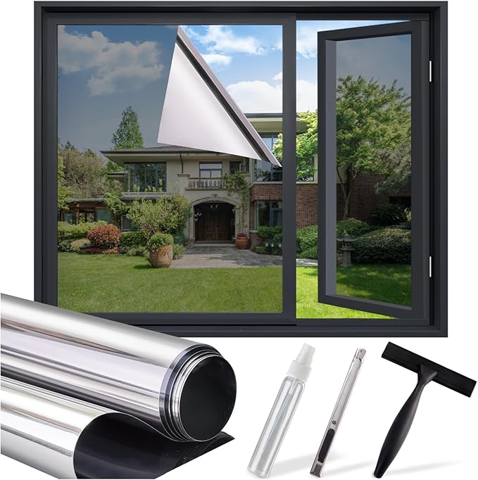 SUNBABY One Way Privacy Film Heat & UV Blocking, Static Cling No Glue Renter Friendly Cover for Home Bedroom, Office & Sliding Glass Door, 35.4 x 78.7 Inch with 3 Tools, Silver