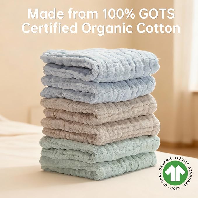 Bear Rocket Organic Muslin Baby Washcloths 6 Pack Baby Bath Face Towel 12x12 Inch Extra Absorbent and Soft Burp Cloth and Wash Cloths for Newborn-Infants On Sensitive Skin (Blue Green Brown)