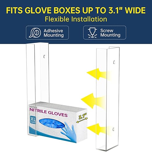 NiHome Multi-Tier Clear Acrylic Wall Mount Glove Box Holder Tissue Box Dispenser for Kitchen, Bathroom, Garage, Lab, Salon, Space-Saving Adjustable Organizer for Gloves, Tissues, Baby Wipes (3-Tier)