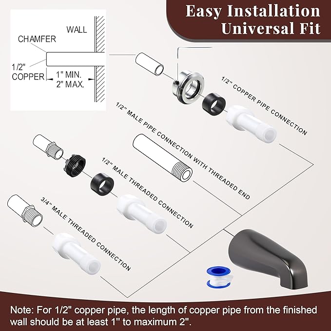 Dreyoo Tub Spout (Universal Fits 1/2" Copper Pipe, 1/2" IPS and 3/4" IPS), Bathroom Bathtub Faucet with Adapters and Hex Wrench(Oil Rubbed Bronze,Without Diverter)