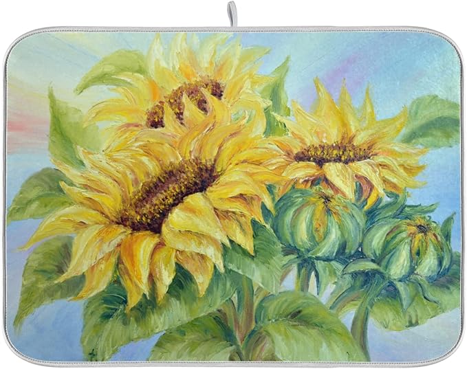 Absorbent Dish Drying Mat for Kitchen Counter - Oil Painting Sunflower Microfiber Drying Pad, Reversible Drainer Mats for Countertop, Large 18" x 24"