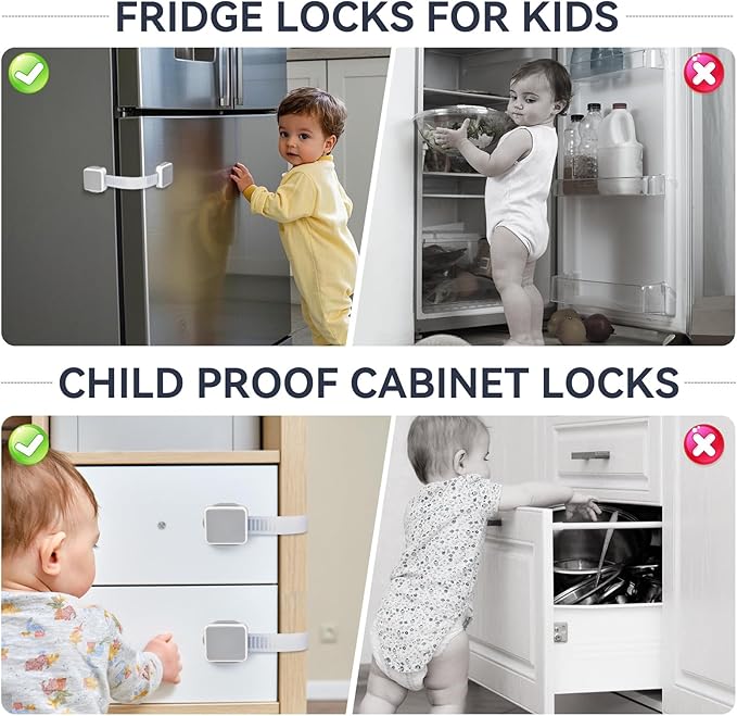 6 Pack Child Safety Cabinet Locks for Baby Proofing, Length Adjustable Latch Straps Dual Button Design for Drawers Fridge Refrigerator Doors Toilet Seat Oven