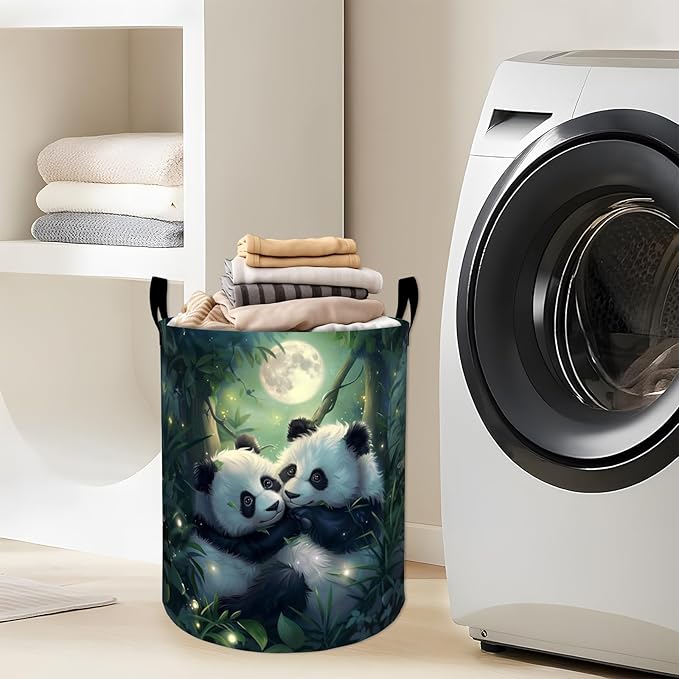 Romantic Moonlight Panda Love Laundry Basket with Handles, 19.7"x15.7" Clothes Foldable Laundry Hamper Organizer for Dorm Nursery Bedroom Bathroom Decor, Toy Storage Bin for Kids