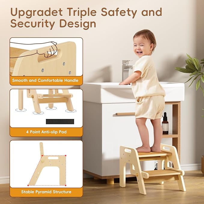 Toddler Step Stool, 2 in 1 Kids Step Stool with Safety Non-Slip Pads and Handles, Wooden Potty Training Stool, Kids Stools Toddler Stool for Bathroom Sink, Kitchen, Bedroom, Nursery, Natural