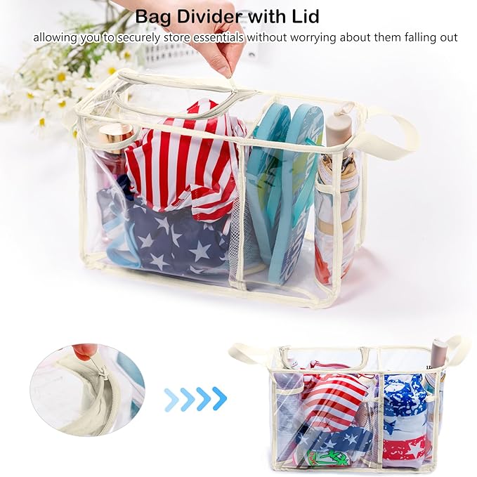 AMOIGEE Clear Beach Bag Organizer Insert with Zipper Closure Lid and 3pcs Accessories Compatible with Bogg Bag Medium- Tote Insert Bag Divider with Sunglasses Holder, Clips Hooks
