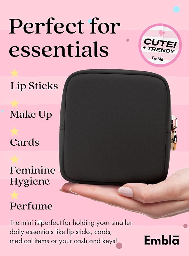 Makeup Bag Travel Cosmetics Pouch and Toiletry Bag, Nylon Zipper Pouch Purse, Cute Make Up Organizer Storage Tote for Women Girls, Waterproof Travel Skincare Case, Small Makeup Bags, Black