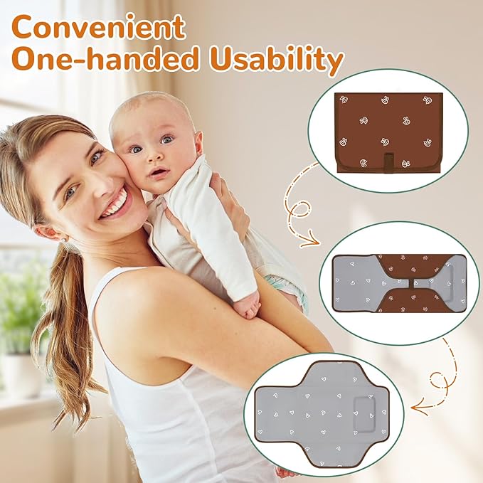 Coinarin Portable Diaper Changing Pad, Waterproof Baby Changing Mat, Foldable Travel Baby Changing Station, Newborn Essential Baby Shower Registry Gift (Brown-Bee)