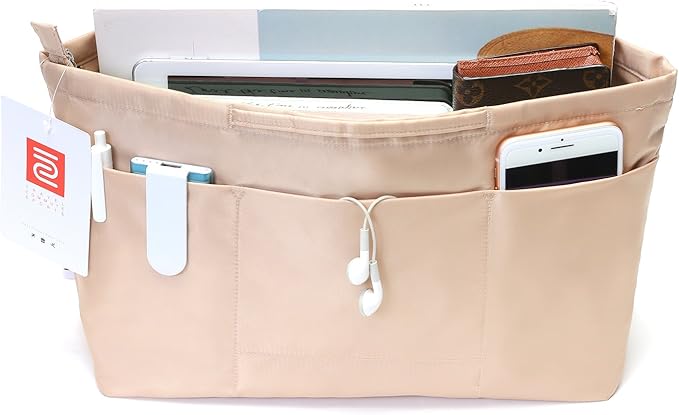 iN. Purse Organizer Insert with zipper, Nylon fabric Storage Bag with handles, for womens Handbags & Tote bags, neverfull, lightweight small sized Beige