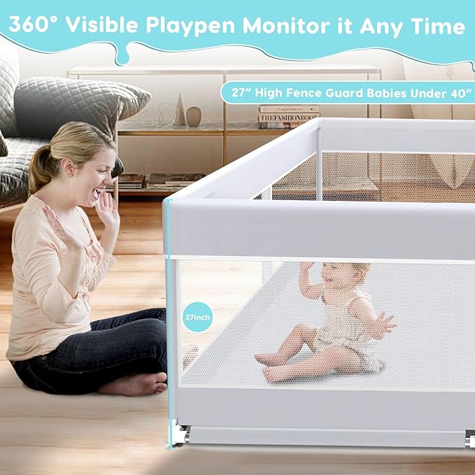 Fshibila Baby Playpen, 50x50 Inch Baby Playard for Babies and Toddlers, Play Pens for Indoor & Outdoor, Sturdy Safety Play Yard with Soft Breathable Mesh, Anti-Fall, Grey