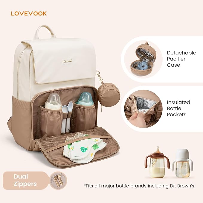 LOVEVOOK Diaper Bag Backpack, Baby Travel Bags for Boys & Girl, Toddler Waterproof Diaper Bag w/Changing Pad (Beige khaki, 17.3''-Large)