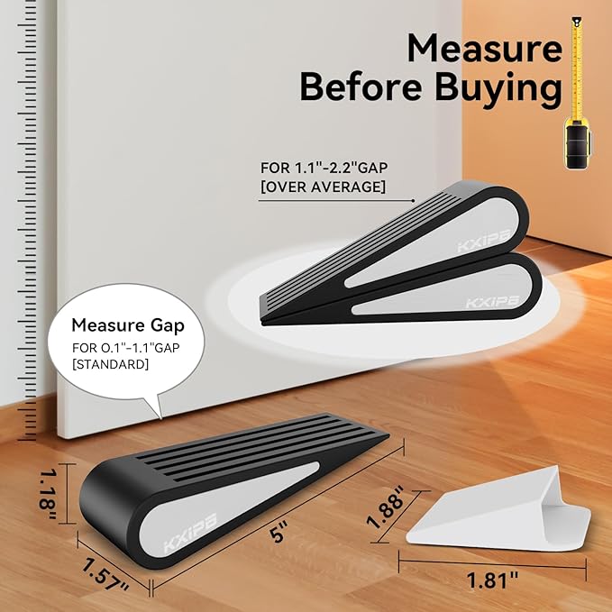 4Pack Rubber Door Stopper Wedge - Black Non-Slip Soft TPR High-Elastic & Zinc Alloy Metal Material Door Stops for Bottom of Heavy Duty Door Wall Protector for Home & School with Self Adhesive Holder