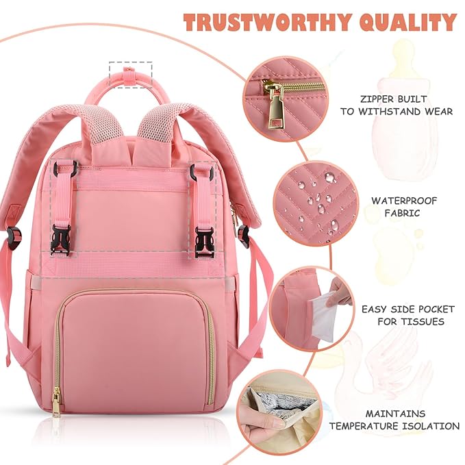 Tenot Baby Diaper Bag Backpack, Travel Diaper Bags for Baby Girl Boy Large Capacity Baby Bag Backpack for Women Light Pink
