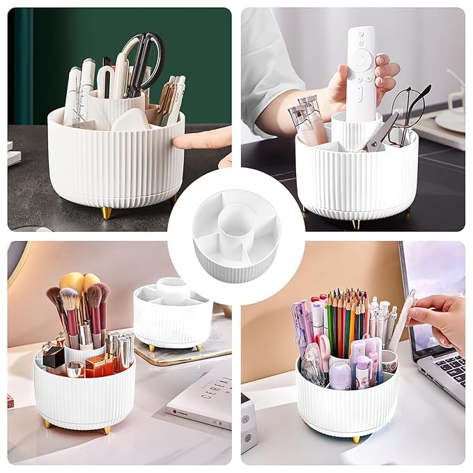 Diesisa Makeup Brush Holder Organizer,360° Rotating Makeup Brush Organizer,5 Slot Make up Brushes Cup for Cosmetics, Nail Polish, Art Supply, Bathroom Vanity Desktop Organizer - White
