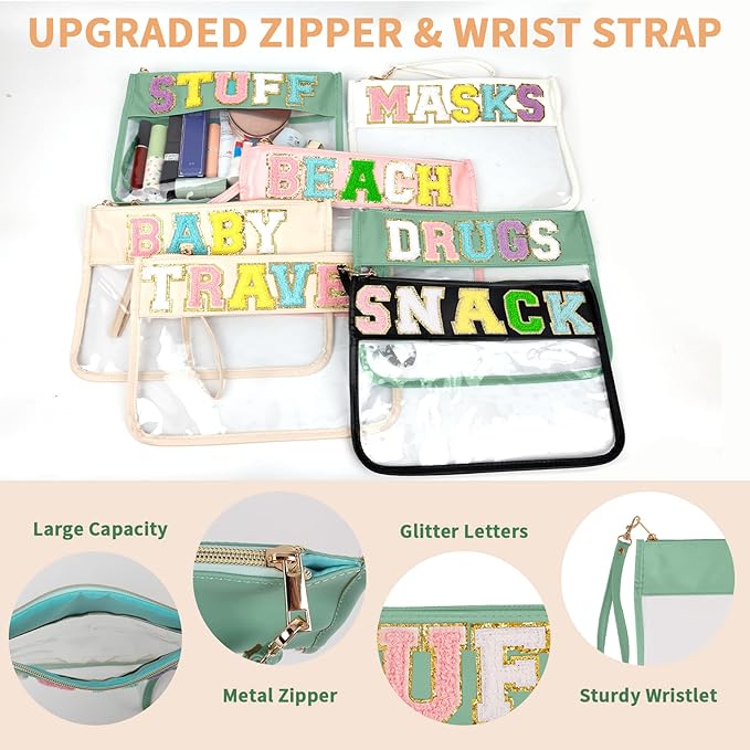 Iqimott Chenille Letter Clear Bag Stuff Pouch, Monogram PVC & PU Makeup Cosmetic Bag Zipper Toiletry Pouch, Waterproof Portable Travel Beach Snack Wristlet Bags for Women Girls(Stuff, Green)