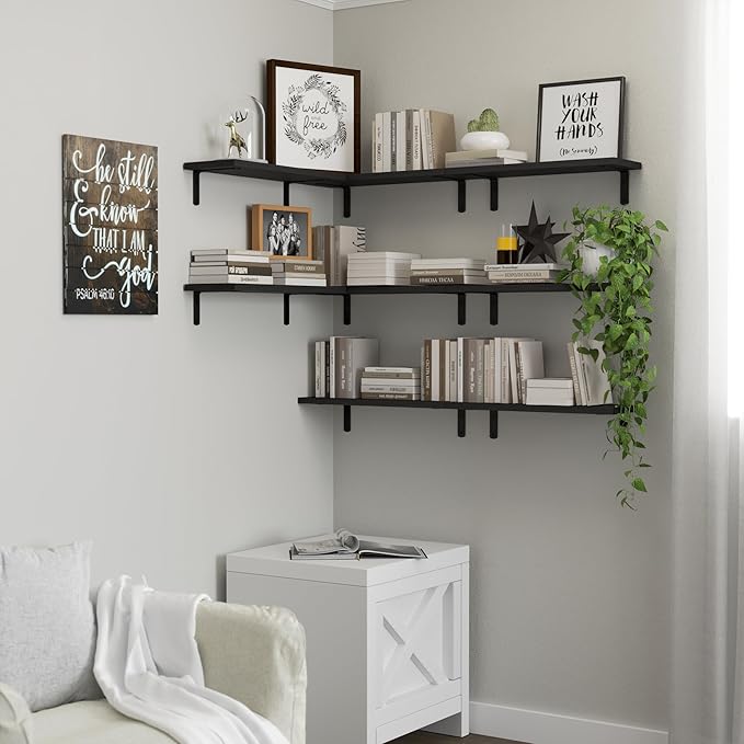 Floating Shelves, 8 Sets Wooden Floating Shelves for Bedroom & Bathroom Wall Decor, Floating Book Shelf Living Room Black