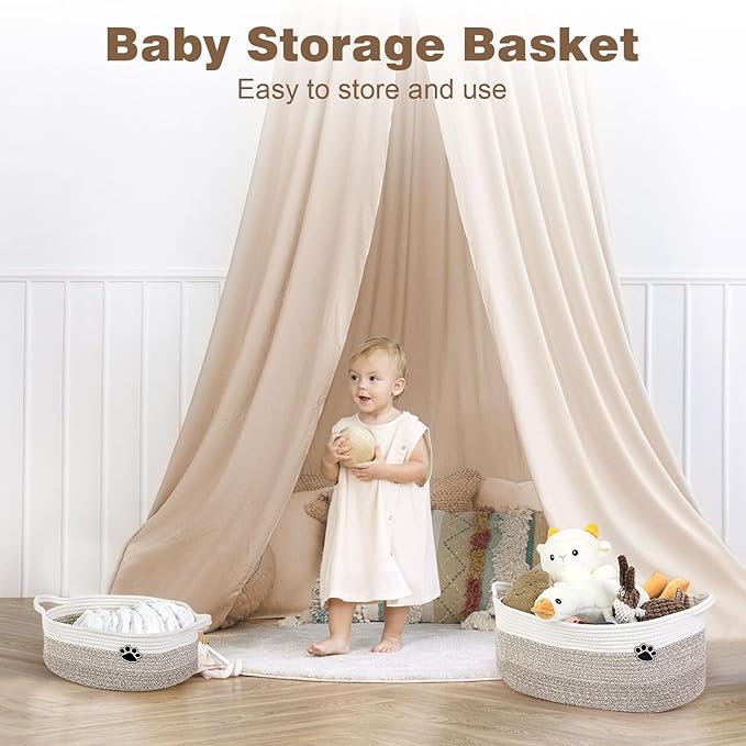 Dog Toy Basket, Toy Box and Bin for Dog Cat Storage, 13.5" X 11" X 5" Small Woven Rope Basket for Baby Storage, Closet, Living Room, White & Brown