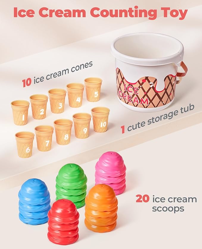 JoyCat Ice Cream Preschool Learning Activities Counting and Color Sorting Set Stacking Toy for Kids 1-5, Educational Fine Motor Skill Math Manipulative, 30PCS Play Food for Girl Toddler Valentine Gift