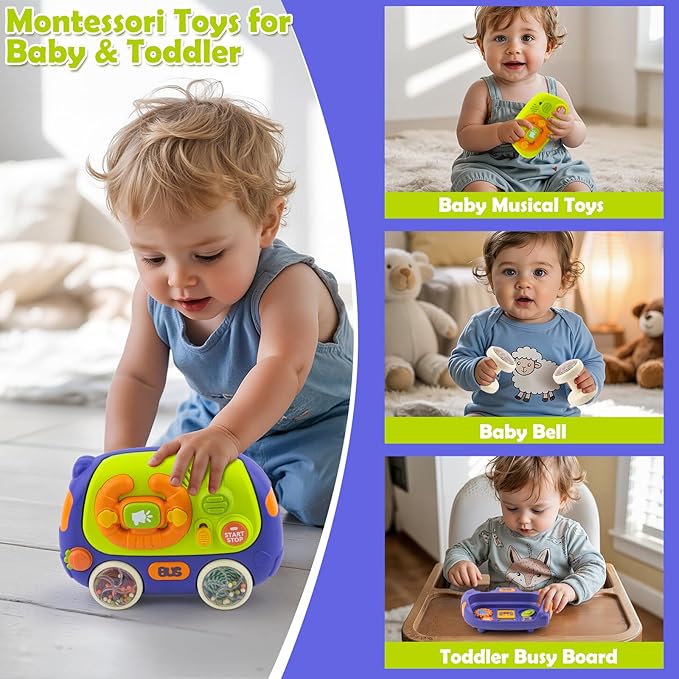 Baby Music Toys with Driving Sounds & 14 Nursery Rhymes, Light Up Montessori Sensory Toys Travel Essential Infant Birthday Gifts for 6 7 8 9 10 12 18 Month 1 Year Old Boys Girls