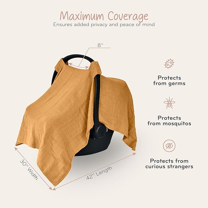 Car Seat Cover Baby - Organic Muslin Cotton - Carseat Canopy - 43" x 32" (Autumn Yellow)