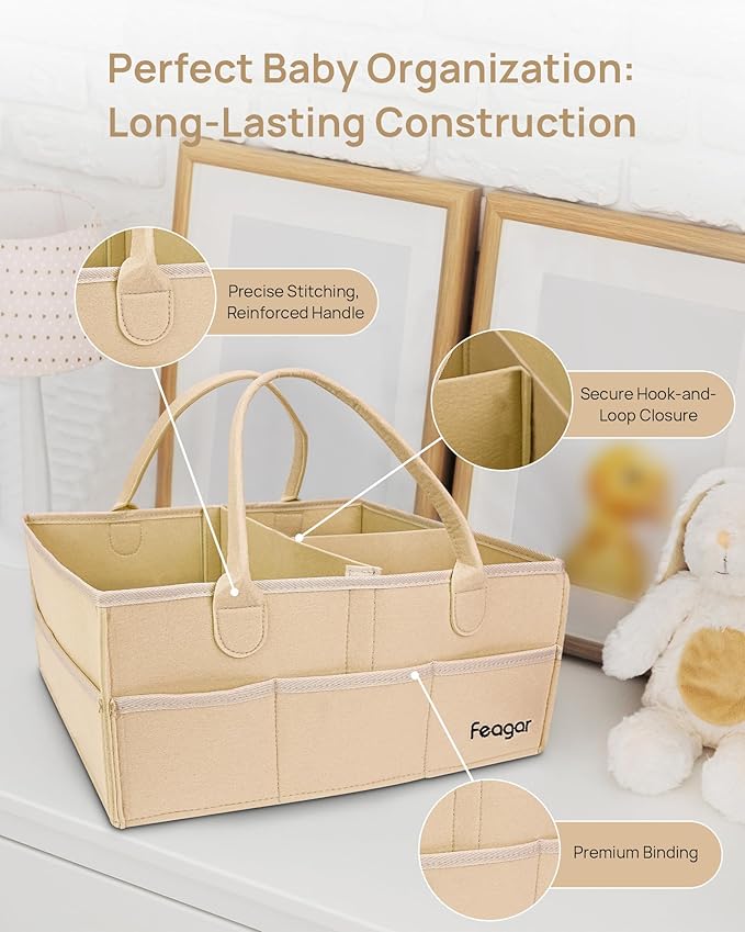 Feagar Baby Diaper Caddy Organizer, 15 Inch Large 2 Pack Set with 8 Pockets & 2 Dividers, Portable Nursery Storage Basket & Car Organizer for Changing Table, Travel (Khaki)
