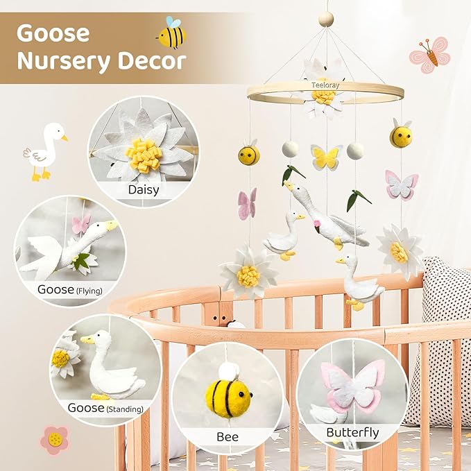 Baby Mobile for Crib Goose Nursery Decor Handmade Felt Crib Mobile for Bassinet One Silly Goose Birthday Decorations Flowers Butterflies Bees Room Hanging Decor Baby Shower Newborn Gifts