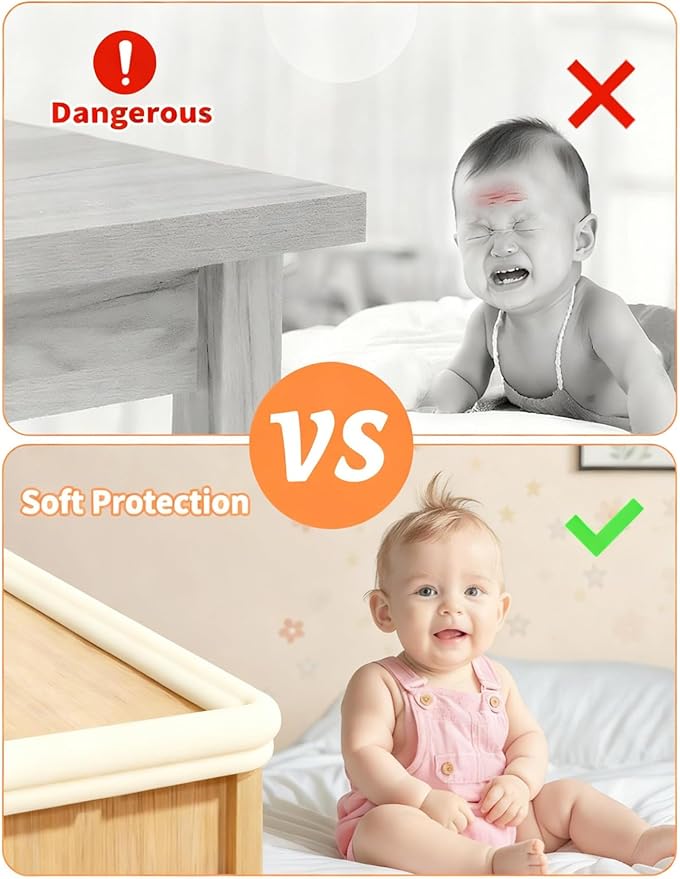 QYV Edge Protector for Baby Proofing, 6.6FT 0.67’’Th L-Shape Air Buffering Soft NBR Rubber Foam Furniture Edge Bumper Guards with 6 Corners, Pre-Taped, Thick Table Bumper Guard for Babies (Beige)