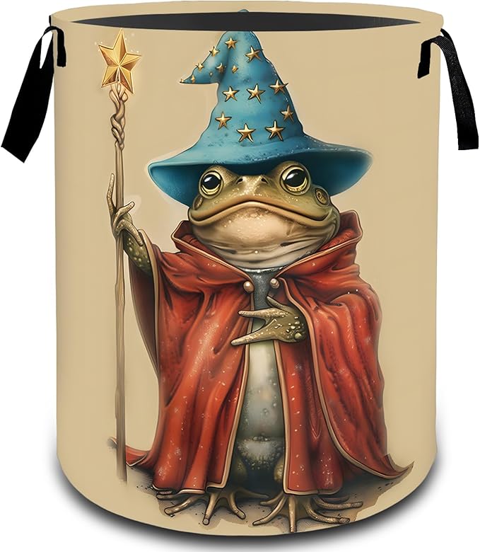 VODRM Wizard Frog Magic Laundry Basket, Dirty Collapsible Clothes Toy Organizer Hamper for Kids Adults, Oxford Cloth Waterproof Storage Bin for Bedroom Bathroom Fantasy Decor Gifts, 19.7"X15.7"
