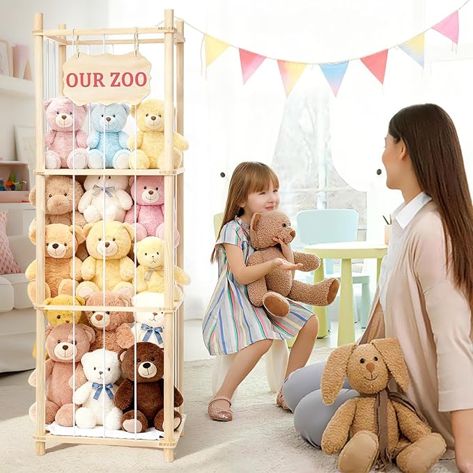 Stuffed Animal Storage & Organizer, Wooden Large Capacity Stuffed Animal Zoo with Elastic Cords, Sturdy Space-Saving Plushie Toy Shelf Cage Tower for Nursery Playroom Bedroom 54 in, Easy to Install