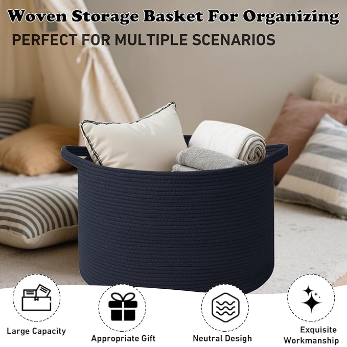 Large Storage Basket with Handle,19.7" L x 19.7" W x 13" H Blanket Basket Storage Bins for Organizing,65L Cotton Rope Woven Baskets for Living Room, Nursery,Bedroom,Navy