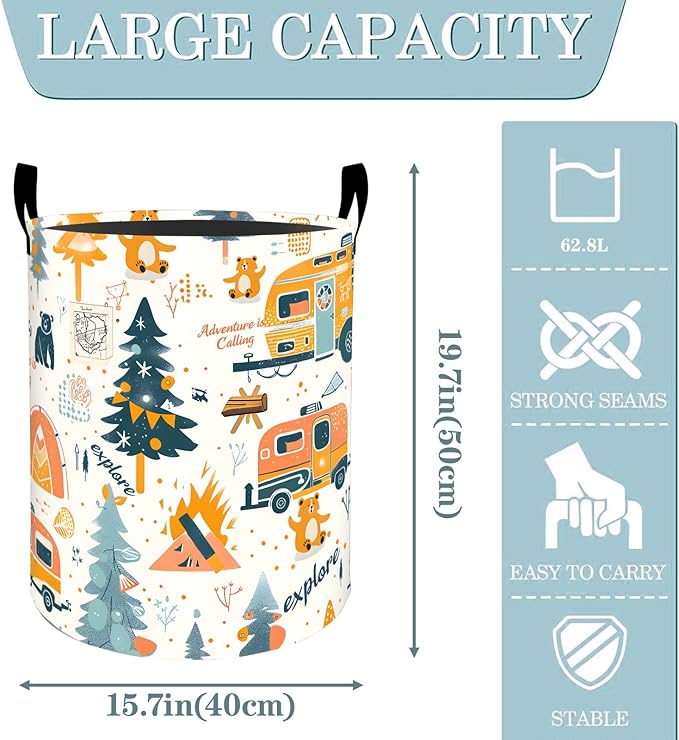 VODRM Camping Adventure Forest Laundry Basket, Dirty Collapsible Clothes Toy Organizer Hamper for Kids Adults, Oxford Cloth Waterproof Storage Bin for Bedroom Bathroom Home Decor Gifts, 19.7"X15.7"