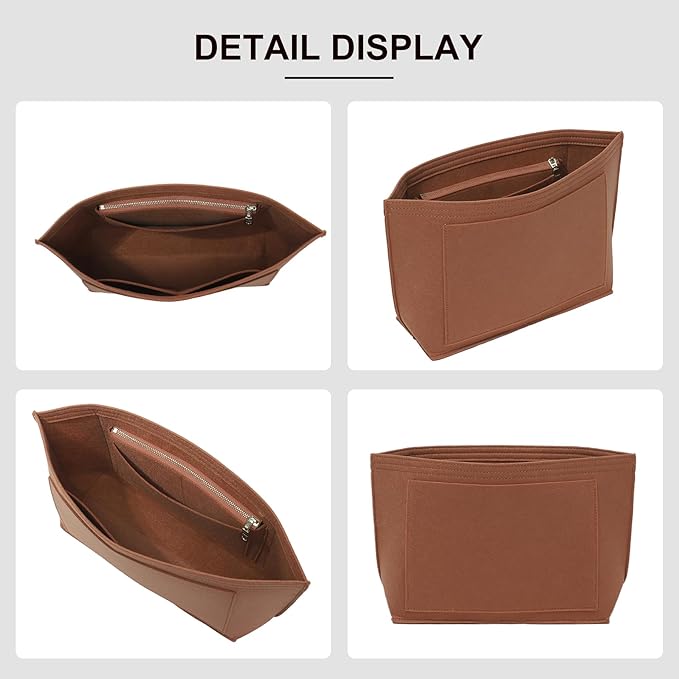 Premium Felt Purse Organizer Insert for Longchamp Le Pliage M Top Handle Tote Bag, Lighweight Long Champ Medium Tote Divider with Zipper Pocket,Bags Storage Shaper with 7 Pockets, Glod Brown/SM
