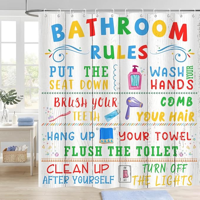 Kids Bathroom Rules Shower Curtain Cute Colorful Quotes Wood Planks Words Funny Teen Boy Girl Restroom Bathtub Decor Waterproof Cloth Fabric 72Lx72W inch with 12PCS Hooks