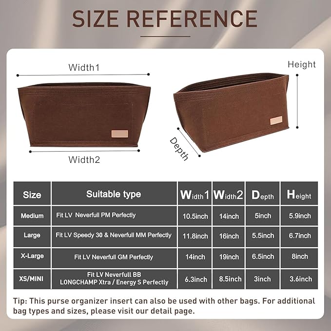 Purse Organizer Insert, Tote Bag Organizer Insert with Base Shaper,Felt Zipper Handbag Shaper Compatible with Neverfull MM Speedy 30, City 33 and More,Brown/L