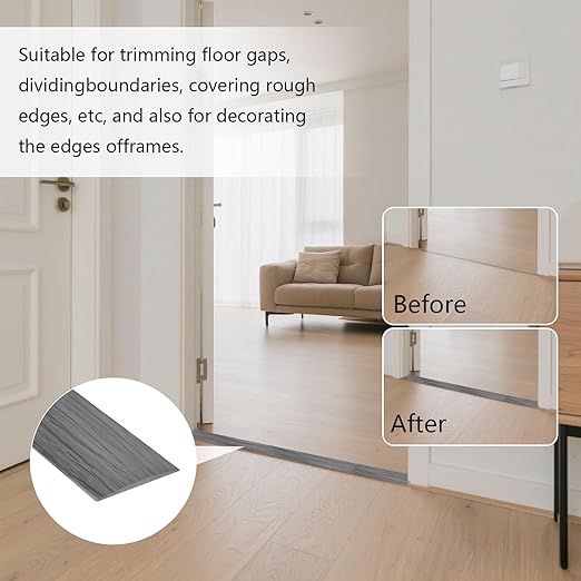 Vinyl Floor Transition Strip, Self Adhesive Floor Cover Strips PVC Laminate Threshold Strip Bar Flat Divider Strip for Joining Floor Gaps, Doorways Threshold, Carpet, 2" Wide (Gray Wood Grain, 10Ft)