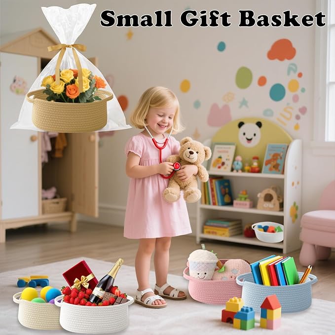 Small Woven Rope Basket-Empty Gifts Basket with Bag and Ribbons,Cute Handle Organizer Box for Birthday/Baby Shower, Toy Storage, Nursery Organizing & Shelf Decor(Jute)