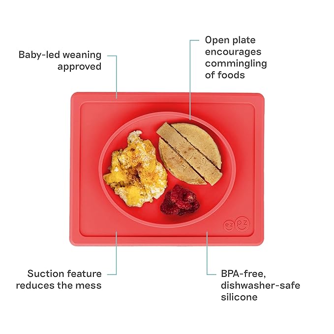 ezpz Tiny Plate (Coral) - 6 Months+ - 100% Silicone Suction Placemat + Plate for Infants - Fits on Most Highchair Trays - Baby Led Weaning Supplies