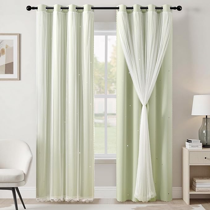 XiDi Green Curtains for Bedroom, Girls Room Blackout Curtains, Kids Room Darkening Curtains, Light Green Decor, 1 Panel Sage Green/52/72/1