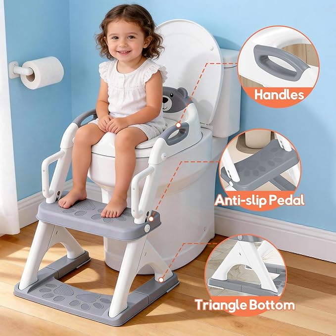 Potty Training Seat ，SKYROKU Potty Training Toilet with Step Stool Ladder, for Kids Boys Girls Toddlers - Comfortable Safe Potty Seat with Anti-Slip Pads Ladder (8899Pro-Grey)