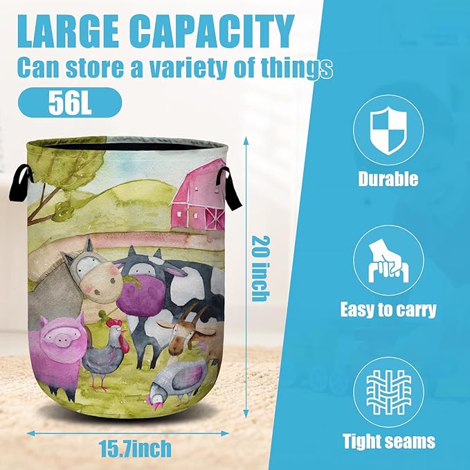 Watercolor Farm Animal Laundry Basket, Laundry Hamper Collapsible Oxford Cloth with Handle Clothes Toy Storage Bin for Bathroom Laundry Room Bedroom 15.7 X 20 Inch